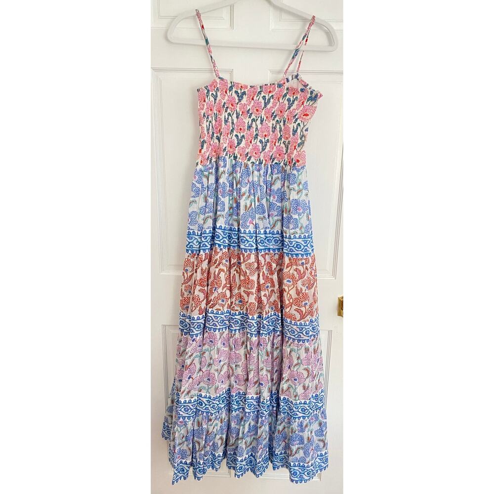 OLIPHANT Tuckernuck Smocked Back Maxi Dress Lucia Blue Multi Block Print S - Picture 6 of 10